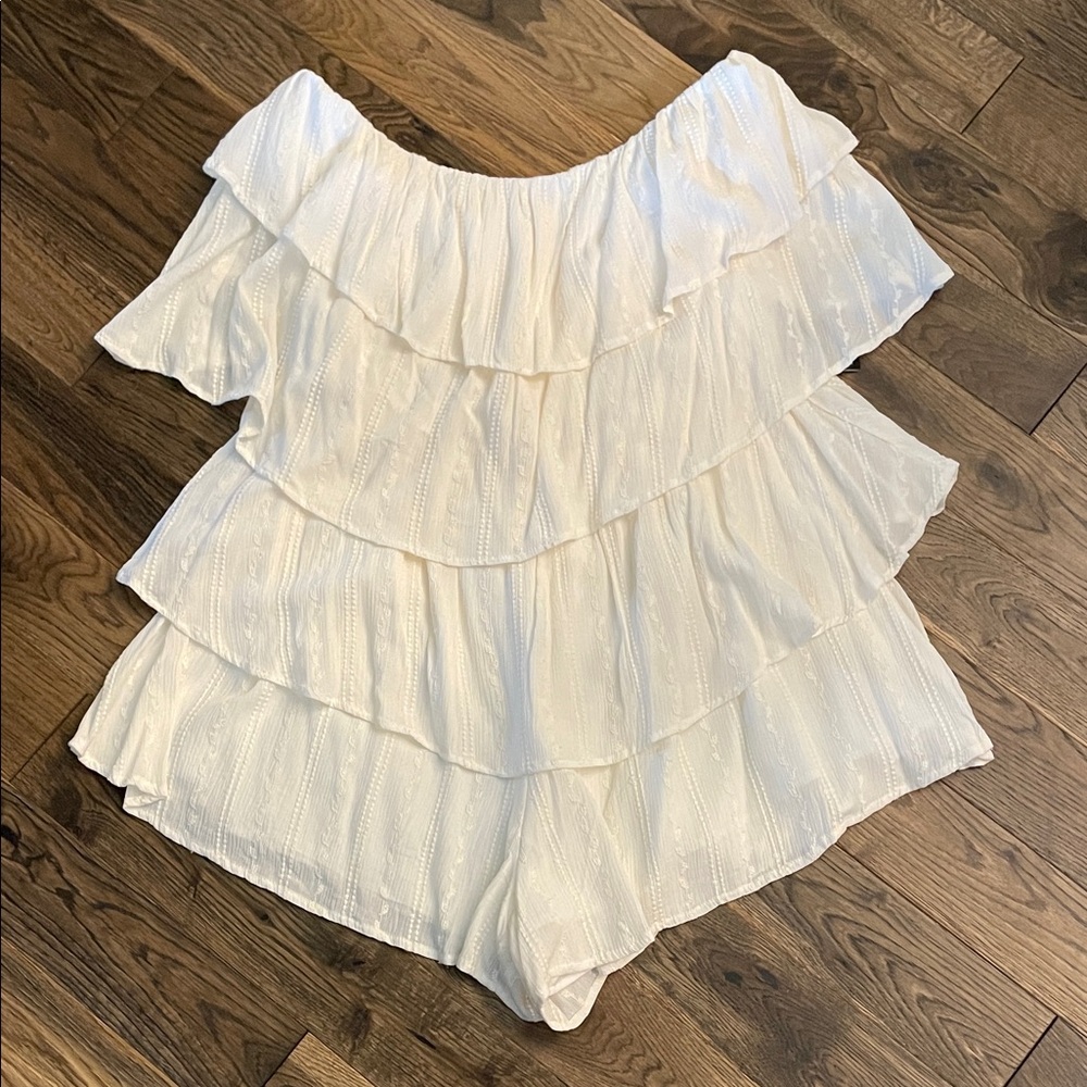 Express Cream Ruffle Off-Shoulder Romper